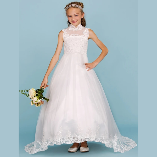 

girl's dresses ball gown sweep / brush train junior bridesmaid dress party lace high neck with beading wedding, Red;yellow