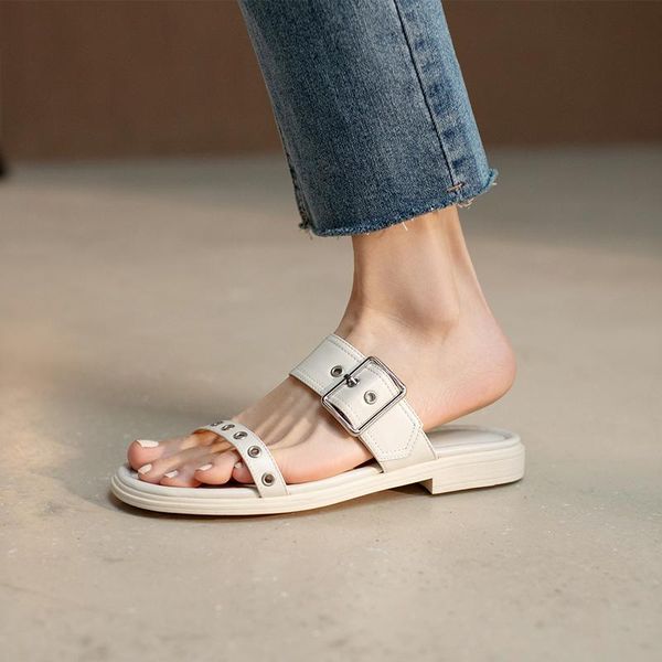 

chaussures femme 2021 summer gladiator slippers women's flat shoes cow leather buckle decoration female mujer, Black