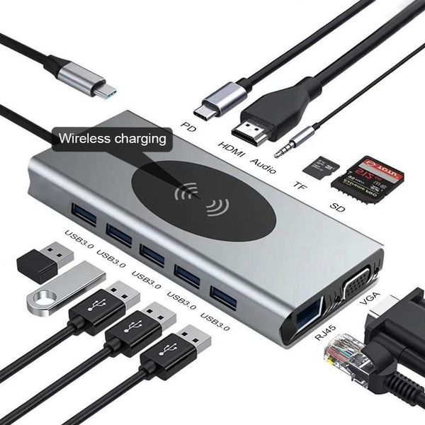 

13 in 1 type adapter usb to 3.5mm jack audio sd tf vga rj45 usb3.0 docking station for macbookpro stations