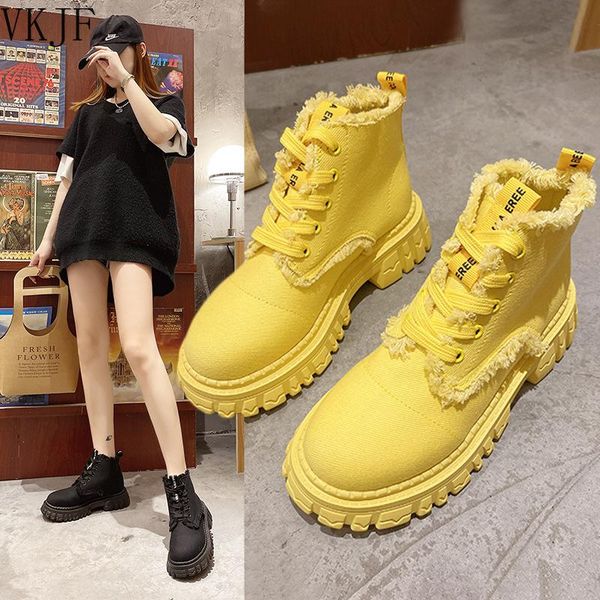 

boots 2021 winter lace-up casual chunky platform warm women shoes snow designer mid heels sport running ankle canvas mujer, Black