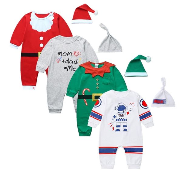 Toddler Boys Girls Rompere Bambini Baby Year Costume Babbo Natale Babbo Natale Salti rossi + Cappelli 2pcs Abiti di cotone per nati 0-24m 211229