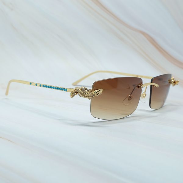 

luxury golden corcodile rimless glasses frame rhinestone sunglass women blue diamond designer sunglasses men, White;black