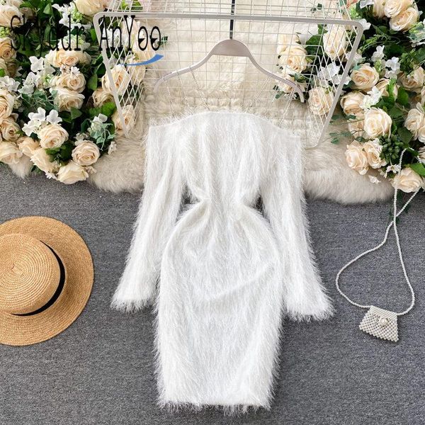 

autumn winter women long sleever spaghetti strap party dress 2021 off shoulder plush celebrity white black elegant vestido casual dresses, Black;gray