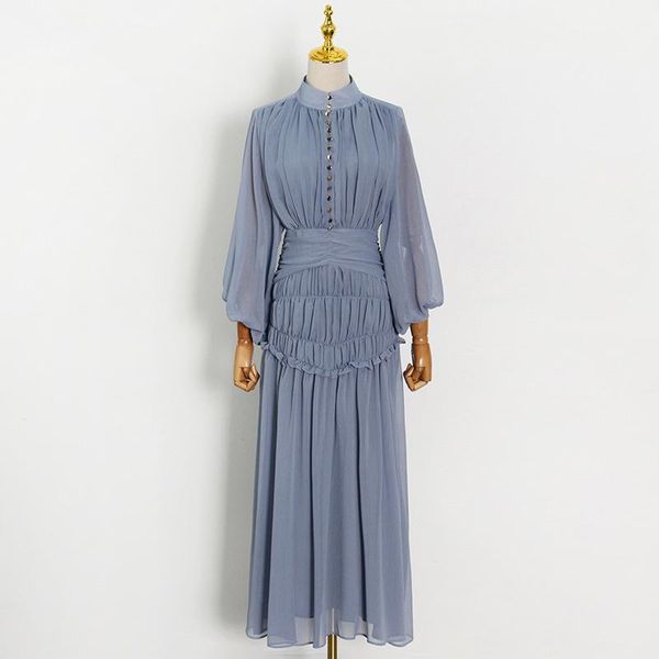 

casual dresses [ewq] korea chic autumn trendy women v-neck stitching fashion temperament chiffon lantern sleeve dress 2021 16e2055, Black;gray