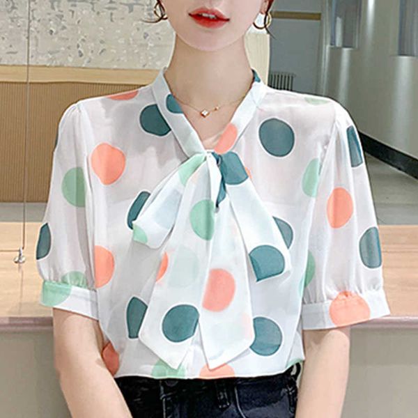 

blouse women blusas mujer de moda summer short sleeve blouse shirt women bow v-neck dot chiffon blouse shirts d207 210602, White