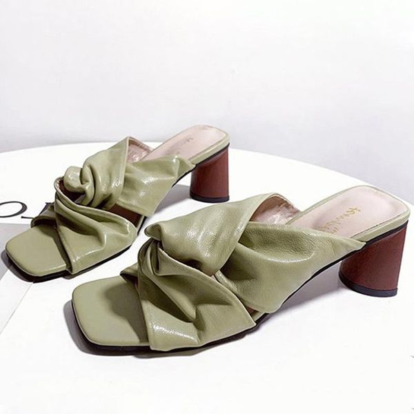 

brand women slippers sandals peep toe square heel sandal pu leather summer shoes low slides sandalias, Black