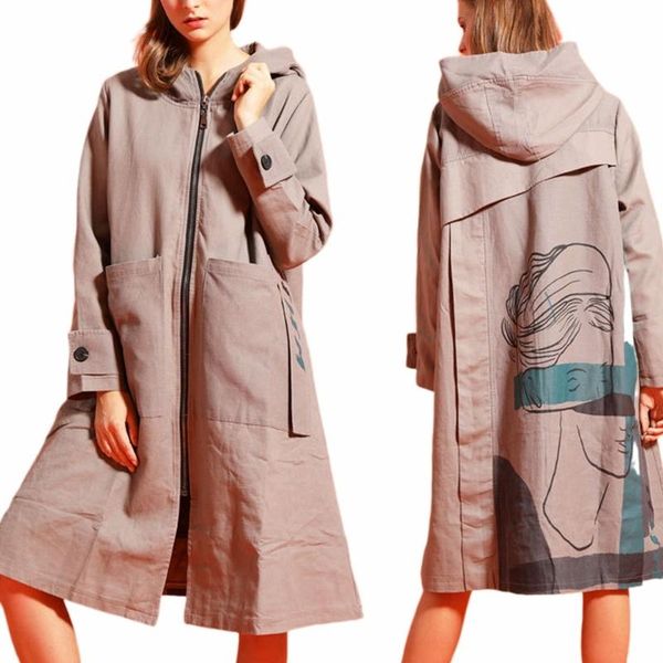 

women's trench coats autumn and winter 2021 large size over knee coat with hat mid length zipper khaki black long, Tan;black