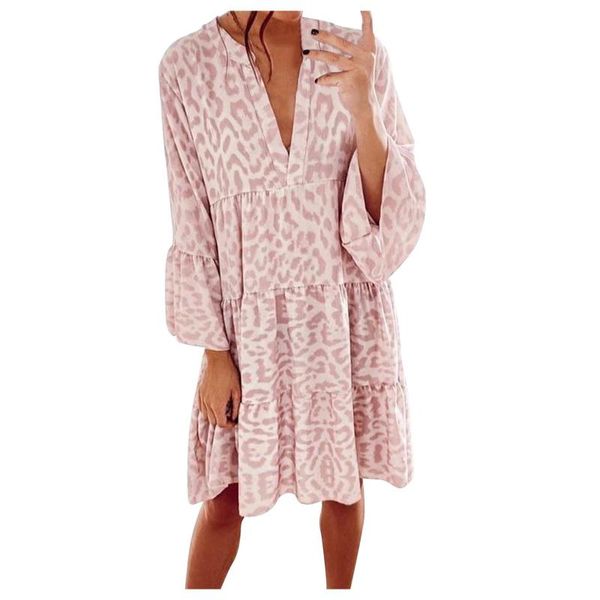 

casual dresses women elegant floral print long lantern sleeve dress summer loose v-neck draped knee-length daily vestidos, Black;gray