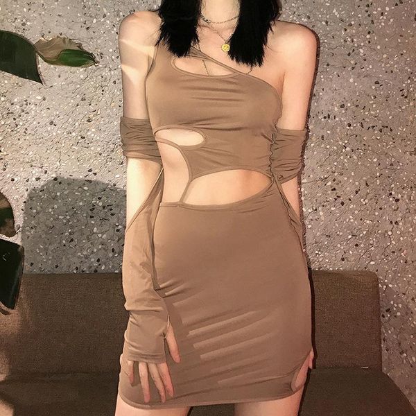 

casual dresses 2021 summer hollow out slim dress women removable long sleeve fashion clothing lady solid street mini, Black;gray