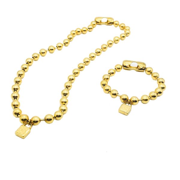 

jewelry sets fashion women men silver color gold stainless steel round bead lock key oil uno de50 ball bracelet necklace, Black