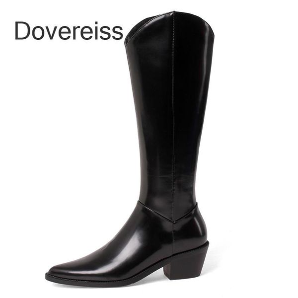 

boots dovereiss fashion women's shoes winter zipper white chunky heels genuine leather knee high 33 40, Black