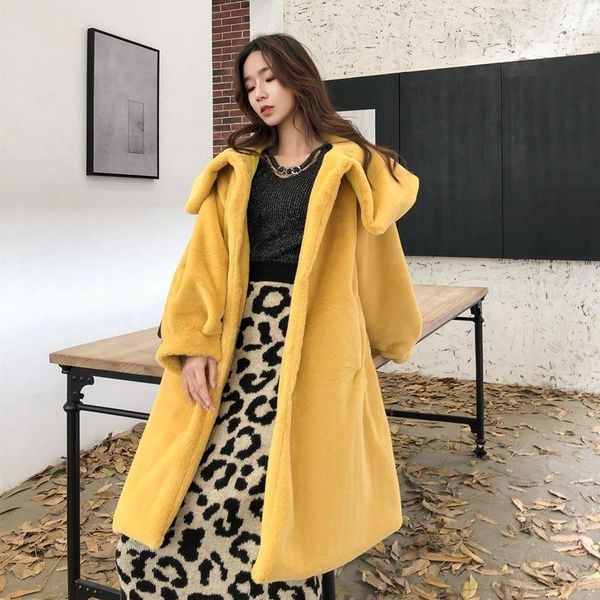 

women's fur & faux 2021 luxury big collar long vintage coat yellow furry warm fake jacket women winter loose overcoat, Black