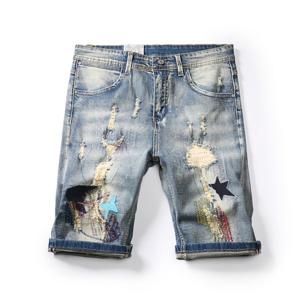 Homens bordados vintage de alta qualidade rasgados jeans curtos oco out bermuda verão vintage angustiado buraco cowboys denim shorts x0628