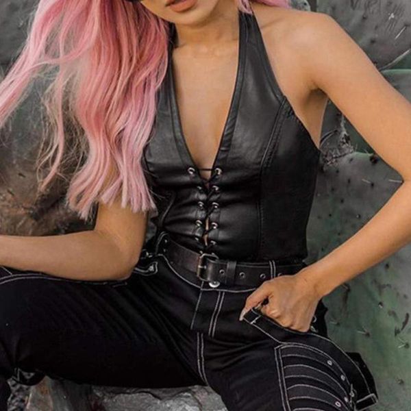 

women's tanks & camis fashion club party wear tank punk y2k black leather crop womens hollow deep v backless camisole 2021 sum, White