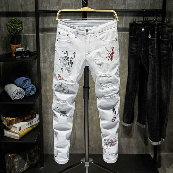 

fashion trendy embroidery letters men college boys skinny runway zipper denim pants destroyed ripped jeans black white 211111, Blue