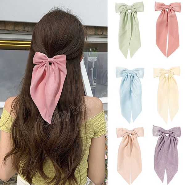 

women large bow hairpin solid color long ribbon ponytail clip elegant satin bowknot barrettes pink beige hair accessories, Slivery;white