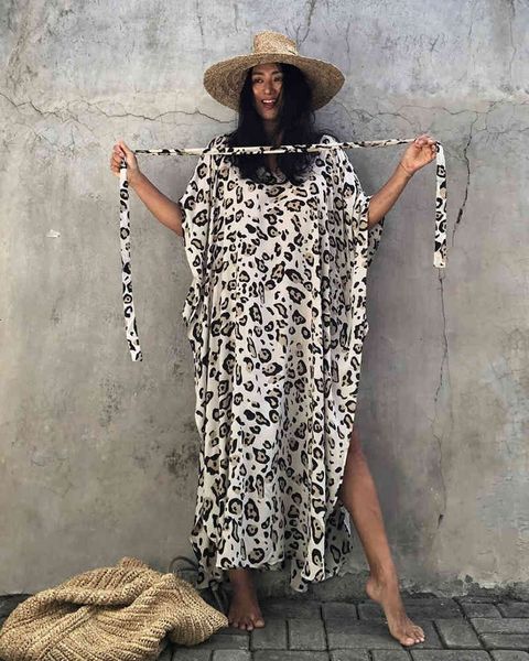 

women's swimwear leopard bohemain maxi women slit oversized robe batwing sleeve kaftan vintage holiday long pareos z3as, White;black