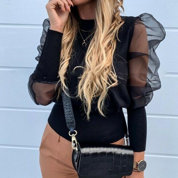 

women's blouses & shirts elegant women long puff mesh see-through sleeve o neck pullover blouse casual slim jumper, White