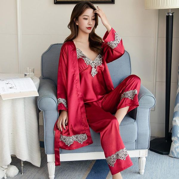 

pieces women pajamas sets faux silk sleepwear elegant lace fashion spring autumn homewear robe sleep lounge women's, Black;red