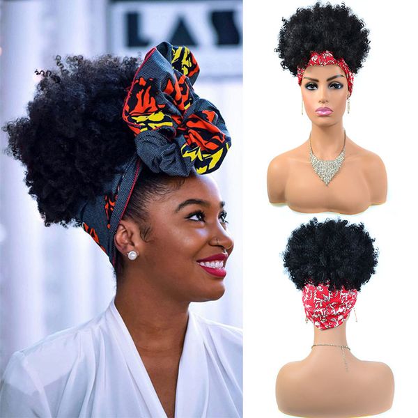 

fluffy afro kinky curly headband wig synthetic short linked turban wrap wig scarf high temperature jerry curly cosplay fake wig, Black