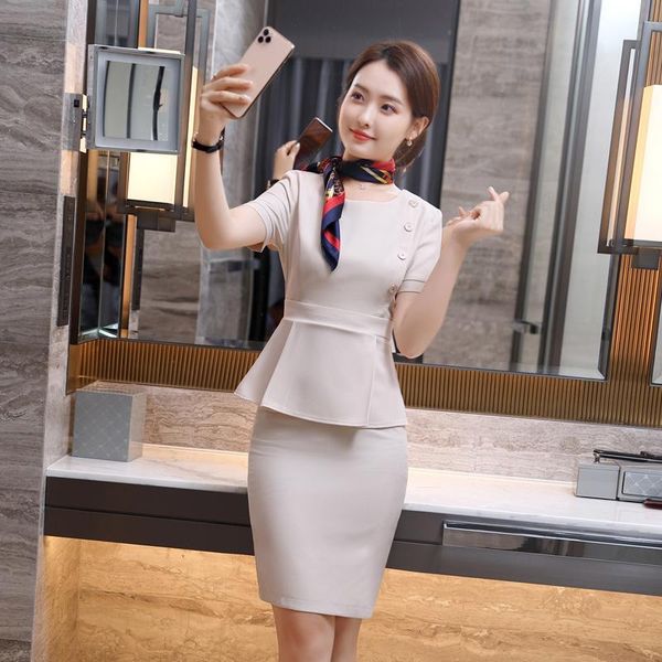 

summer short sleeve formal professional business suits with skirt and for ladies office work wear blazers set scarf two piece dress, White