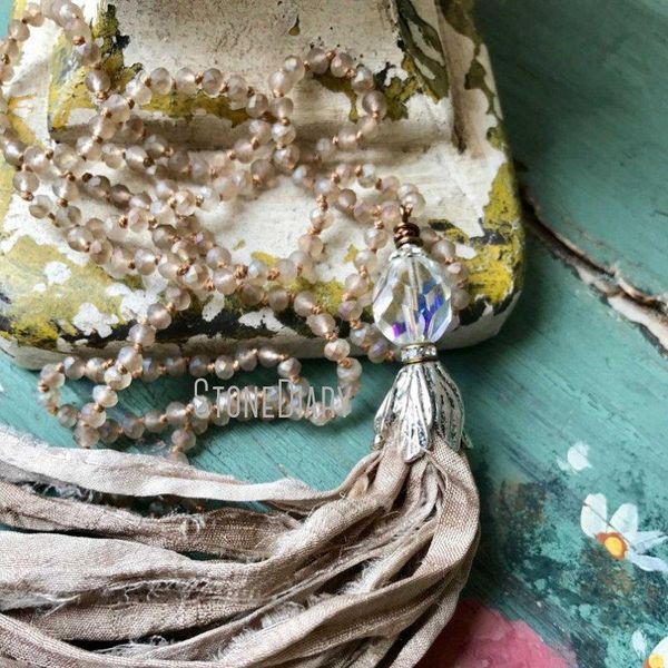 

pendant necklaces nm15574 shabby boho glam simple skinny sari silk tassel necklace versatile glass crystal copper jewelry, Silver