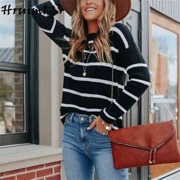 

striped pullovers women sweaters fashion long sleeve round neck autumn casual loose streetwear female knitted sweater 210513, Black