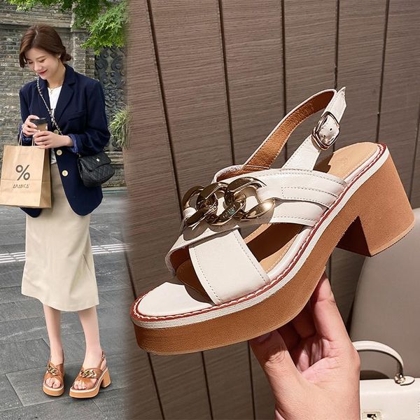 

vintage women sandals metal chain platform chunky heels pumps for summer est office lady casual shoes woman, Black