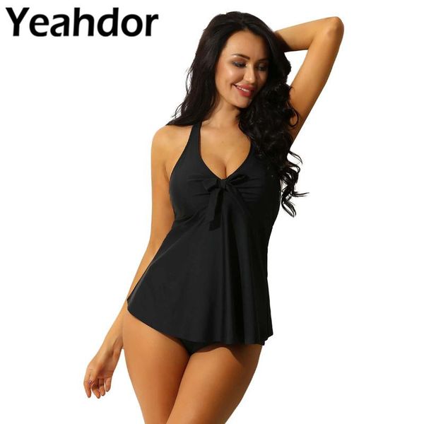 

two-piece suits women two piece v neck swimwear beachwear tankini set solid color tummy control swimsuit halter bathing suit with boysh