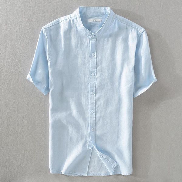 

100% linen stand collar blue shirts men brand summer shirt short sleeve casual for solid fashion male men's, White;black