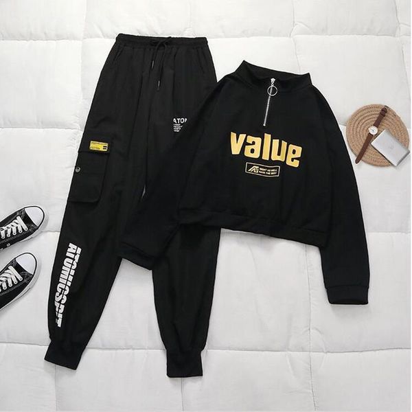 

spring casual loose high waist women pants elastic black streetwear hip hop cargo letter printed sweatpants, Black;white