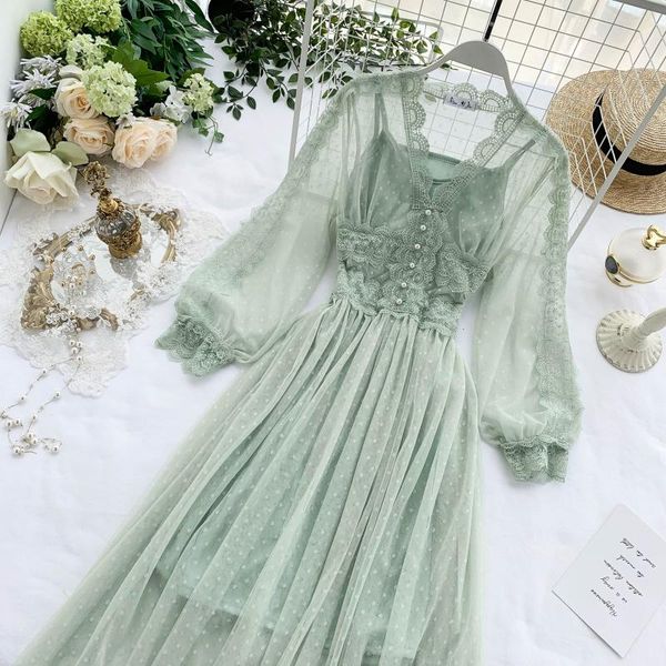

2021women mesh lace crochet dresses v-neck elegant prom puff sleeves dress women slim swing long dress, Black;gray