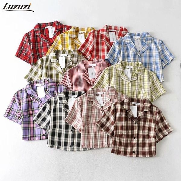 

luzuzi summer blouse women vintage crop shirt streetwear plaid ladies elegant button up korean red 2021, White