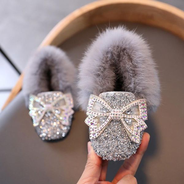 

first walkers baby girl fashion rhinestone bow-tied woollen thermal shoes infant kids thick plush boots prewalkers 1.5-6.5t