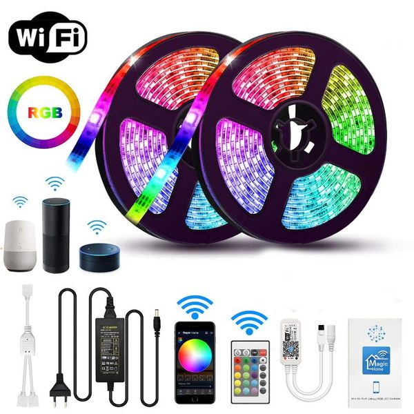 

strips 5m 10m 15m wifi led strip light rgb waterproof smd 2835 dc 12v google home alexa ribbon contoller adapter plug