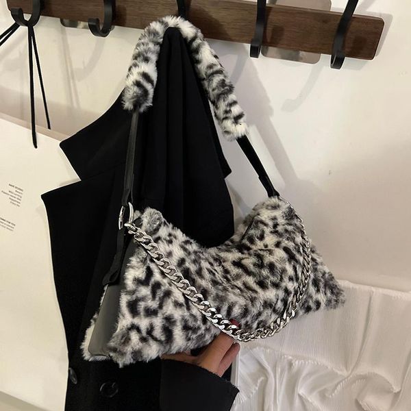 

evening bags 2021 faux fur women shoulder bag autumn winter leopard fashion chain soft underarm half moon casual female handbag