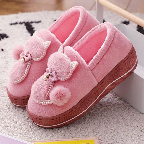 

women's winter indoor home cotton slippers warm plush ladies cute cat female flat shoes shollow thick heels pointed toe, Black