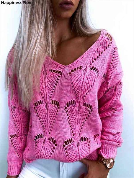 

fashion women autumn winter womens sweaters hollow out design see throough v-neck long sleeve solid color casual loose knitted top, White;black
