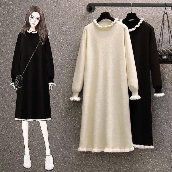 

casual dresses ehqaxin autumn winter womens knitted fashion wooden ears half high neck loose long pullover sweater dress l-4xl, Black;gray