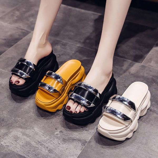 

slippers shoes on a wedge flat luxury slides platform slipers women heeled mules summer designer 2021 soft high bonded leather r, Black