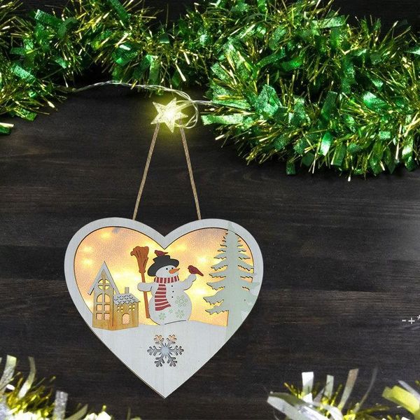 Led Grow Pupazzo di neve a forma di cuore di Natale Ciondolo appeso Ciondoli di ornamenti di ghirlande di legno illuminati per la decorazione dell'albero di Natale 3 pezzi JJA9179