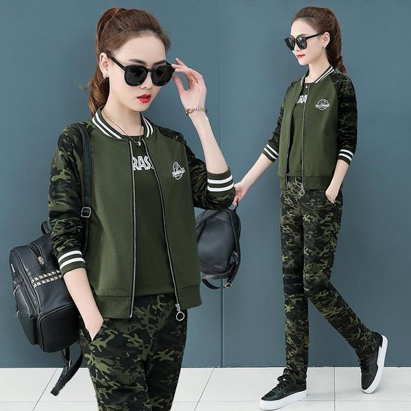 

two piece dress autumn camouflage 3 set tracksuit women camo zip coat + t-shirt pants 3pcs outfits female military casual sporting suits, White