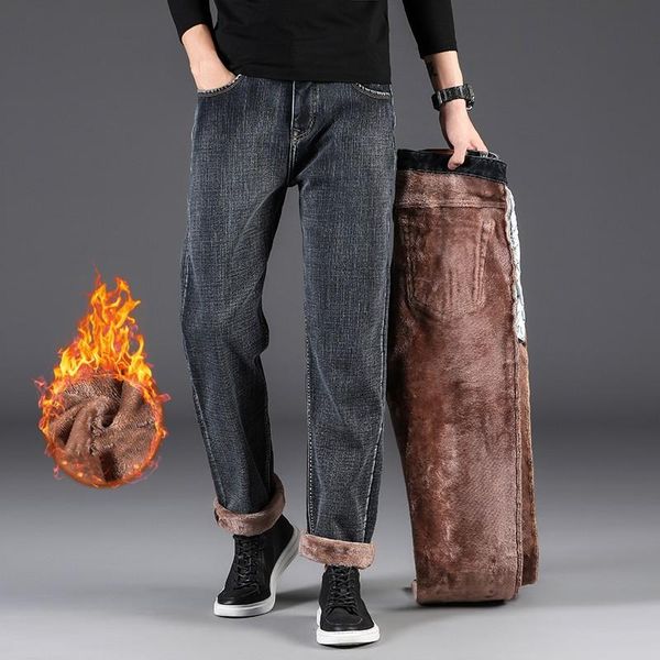 

men's jeans 2021 sulee thicker fleece men clothes elasticity warm thinker winter business casual loose fit design  straight leg, Blue