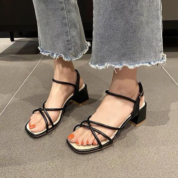 

sandals xz0045 big shoes 41 metal decoration open toe high heels women buckle heel square casual comfortable, Black