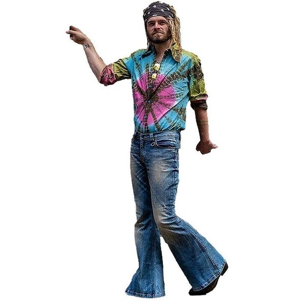 

men's jeans punk style men denim trousers blue high waist retro flare pants trend loose fashion plus size clothing