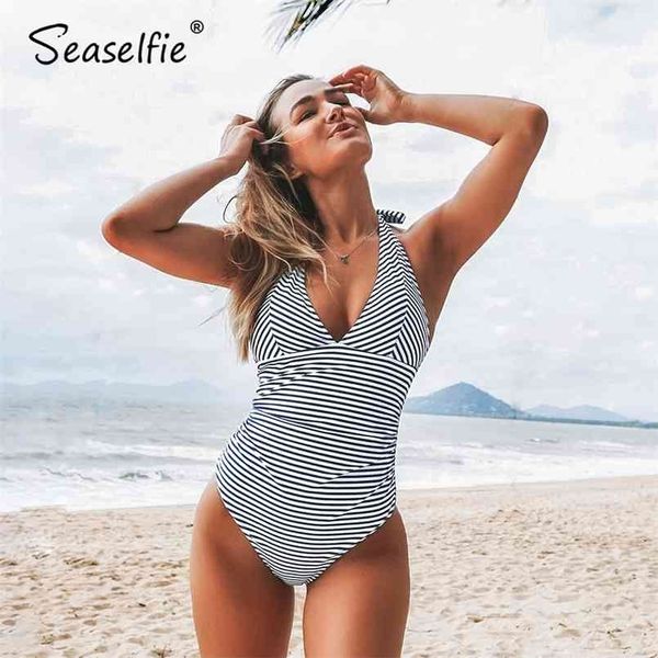 

seaselfie blue stripe halter swimsuit open back swimwear women monokini bodysuit bathing suit beachwear 210630, White;black