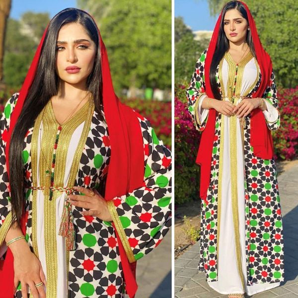 

ethnic clothing 2pcs muslim women abaya printed long dress moroccan pakistan dubai arab maxi robe gown turkish v-neck party ramadan, Red