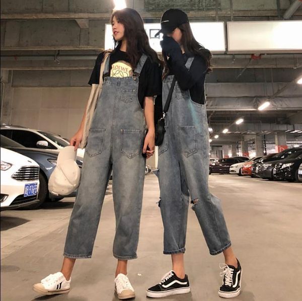 

women's jeans women overall fashion loose streetwear hip hop style boyfriend for pocket pants vintage ripped, Blue
