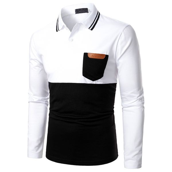 

patchwork polo shirts men long sleeve casual mens t shirt slim polo para hombre splice quick dry camisas pocket colorblock 210524, White;black