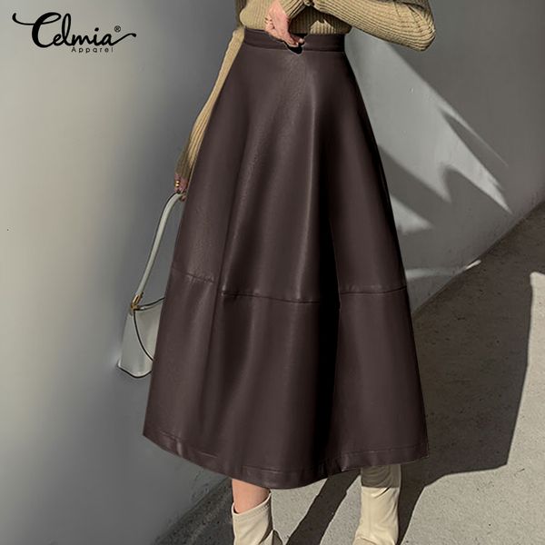 

skirt fashion pu leather office celmia women casual loose solid long a-line skirt 2021 vintage high waist street midi skirts 5xl, Black